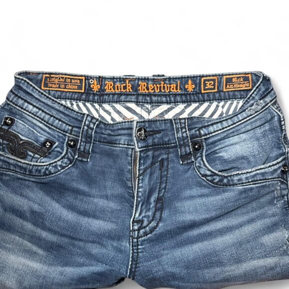 Rock Revival Nick All-Straight Jeans Men’s Size 32 Blue Distressed Denim Embroid - Picture 3 of 8